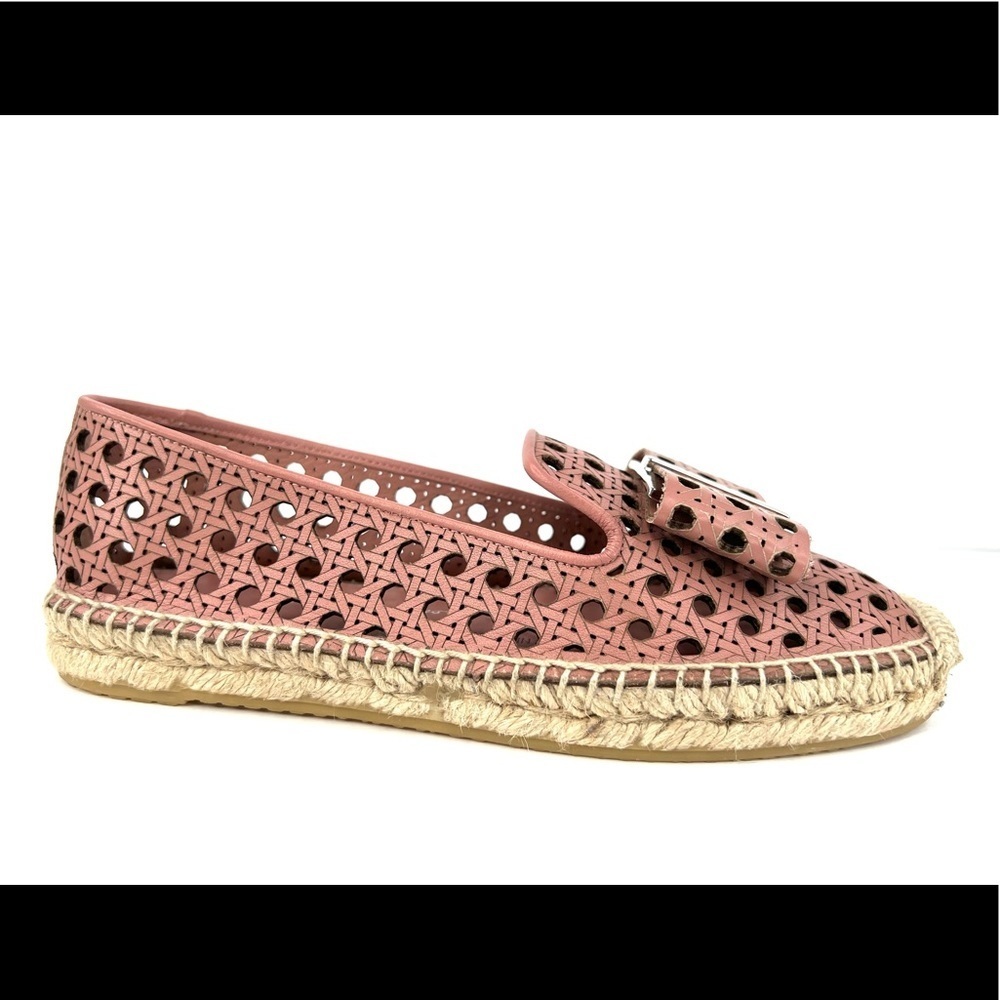 SALVATORE FERRAGAMO Sannio Bow Laser Cut Leather Flat Espadrilles Size 4.5 - Picture 11 of 11